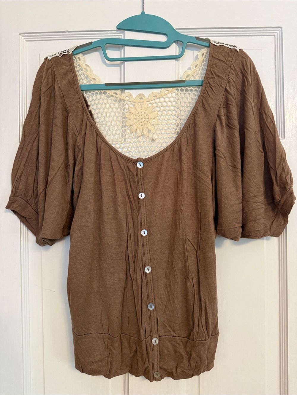 Brown Button-Front Women's Top with Crochet Back Detail